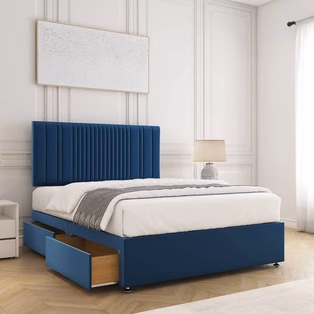 BSSPOKE Florence Velvet Divan Bed with 24 inch Headboard, 2 Drawers and Mattress, Blue, W/D/H: 180 x 200 cm