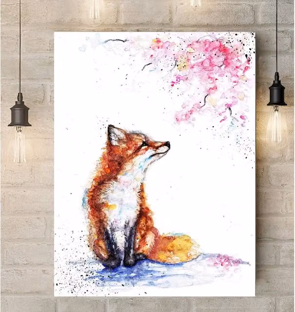 BebesArts Fox and Cherry Blossom Multicolour Canvas Wall Painting, W: 50.8 cm x H: 50.8 cm