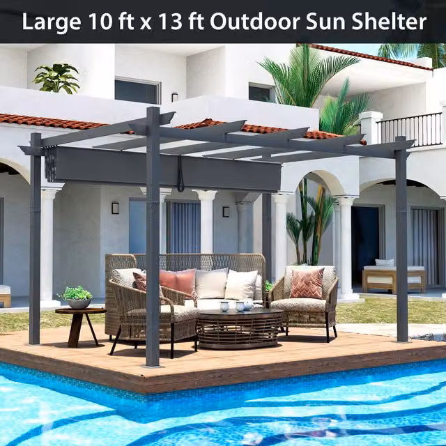 Costway Modern Outdoor Retractable Grill Pergola in Beige and White Aluminium