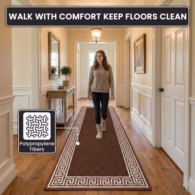 Smart Living Greekey Heavy Duty Non Slip Machine Washable Hallway and Kitchen Door Mat, Dark Brown, W: 80 cm, L: 300 cm