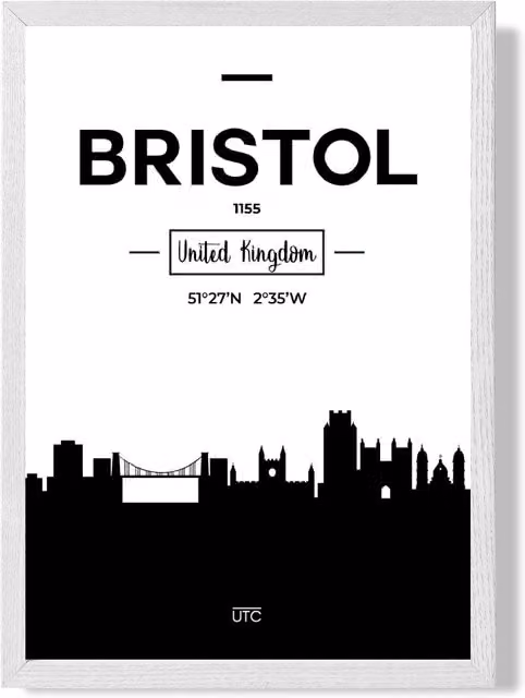 ARTZE Bristol Black and White City Skyline Framed Paper Poster with White Frame, A2