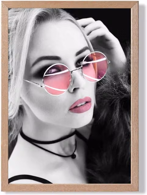 ARTZE Girl with Pink Sunglasses Black and White Fashion Photo Framed Print with Oak Frame, A3