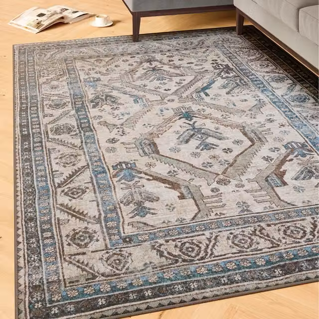 The Rug House Vintage Oriental Washable Area Rug in Beige, Grey and Multicolour, W: 150 cm, D: 80 cm