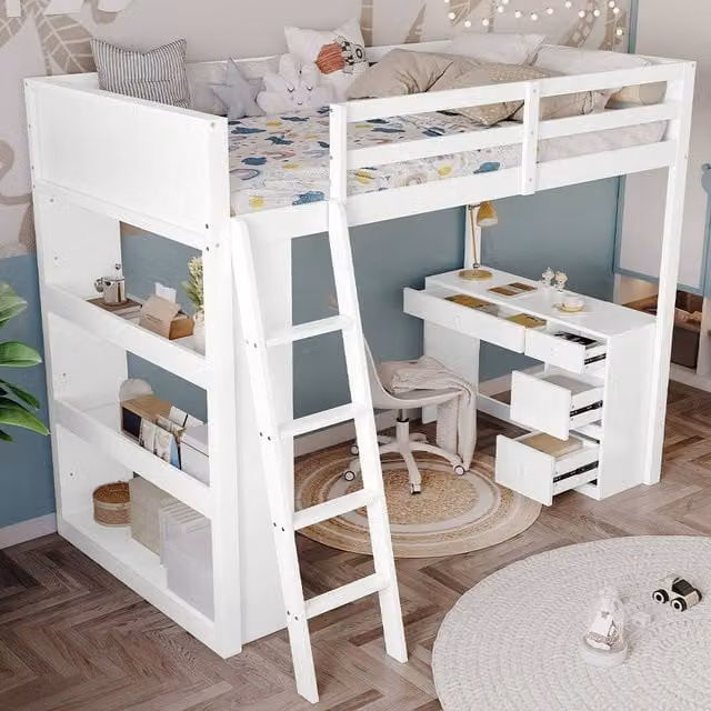 Rolipo White Wooden High Sleeper Bed with Desk and Storage Drawers, 3ft Single