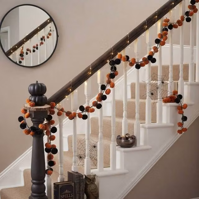 Garden Greatness Haunted Halloween Velvet Pumpkin Garland in Black, Orange and Multicolour