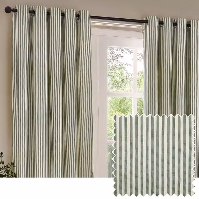 Make It A Home Hebden Striped Cotton Eyelet Curtain Pair in Green, Height: 229 cm, Width: 183 cm