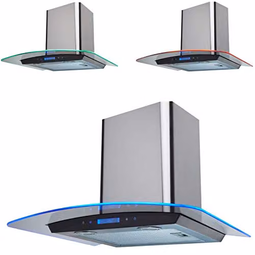 SIA Stainless Steel and Curved Glass Wall Mounted Cooker Hood Fan with Touch Control LED Edge Lighting, W: 60 cm, D: 55 cm, H: 49 cm