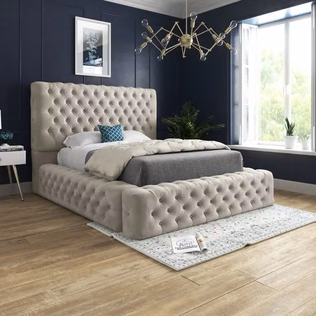 Dreamscape Chesterfield Upholstered Bed Frame in Beige and Silver, W/D/H: 180 x 200 cm