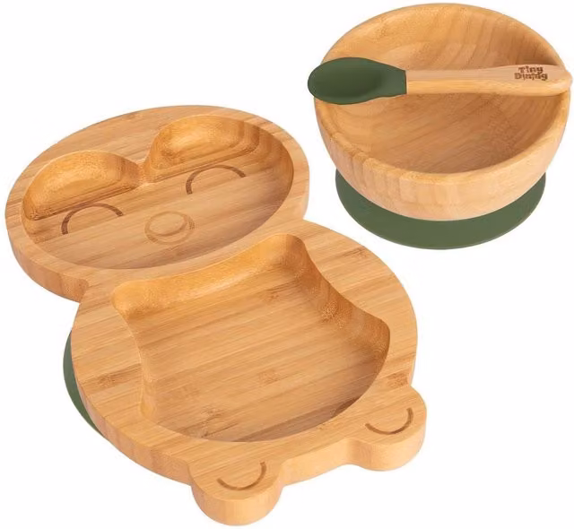Tiny Dining 3pc Penguin Bamboo and Silicone Suction Feeding Set in Light Green