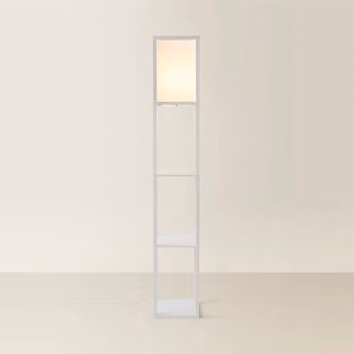 ValueLights Struttura White Wooden Floor Lamp with Fabric Shade and LED Bulb