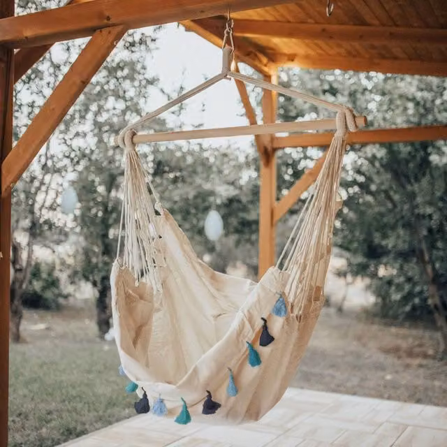 Wyld Haus Boho Hanging Hammock Chair with Cushioned Seat in Beige, Blue, Orange and White
