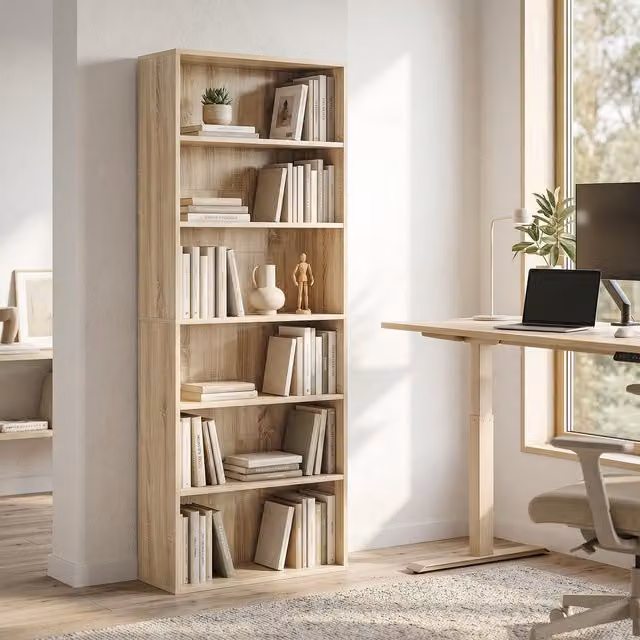 HOMCOM 6 Tier Oak Wood Effect Bookshelf with Adjustable Shelves