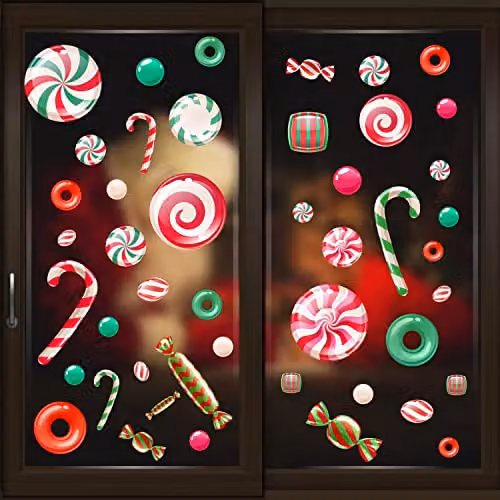 WALPLUS Reusable Double Sided Christmas Window Stickers with Peppermint Candy and Sweets Designs, 46 Pieces, Multicolour