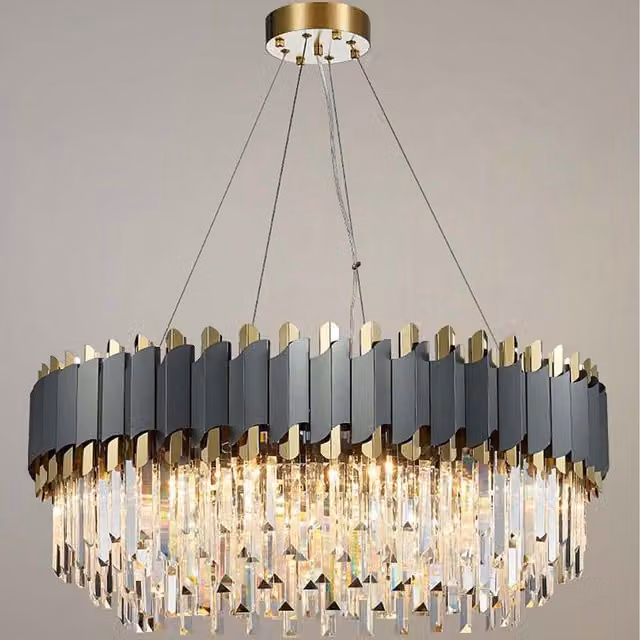 Dark Carbon and Gold Postmodern Pendant Chandelier in Black and Brass with Crystal, W/D/H: 60 x 60 x 34 cm