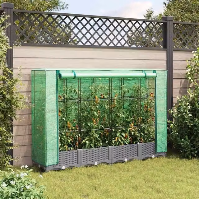 Berkfield Home Raised Bed with Greenhouse Cover in Light Grey Rattan Look, W/D/H: 160 x 40 x 123 cm