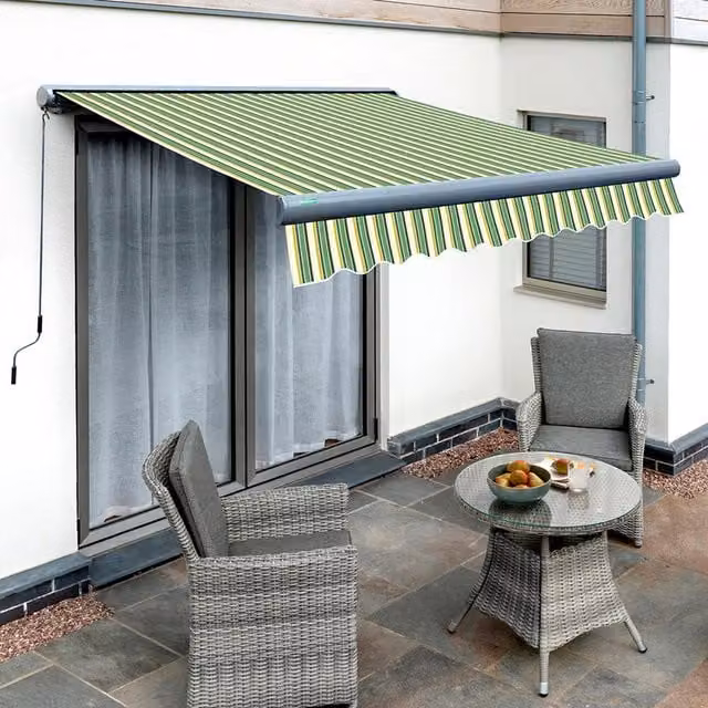 Primrose Electric Motorised Patio Awning with Full Cassette in Anthracite and Green Stripe, W: 400 cm, D: 300 cm