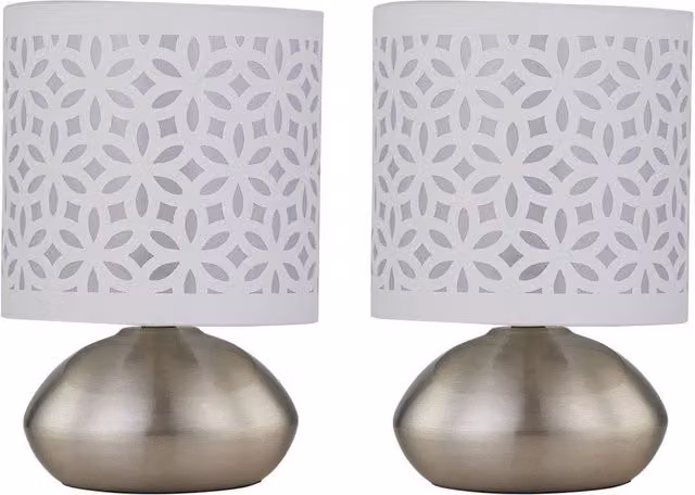 First Choice Lighting Jenson Set of 2 Dimmable Touch Table Lamps in Brushed Chrome with White Fabric Shades