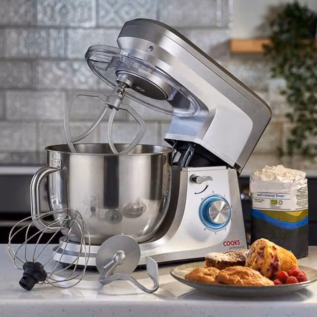 Cooks Professional Stand Mixer 1200W with 6 Speeds, Pulse Function and 7L Stainless Steel Mixing Bowl in Silver
