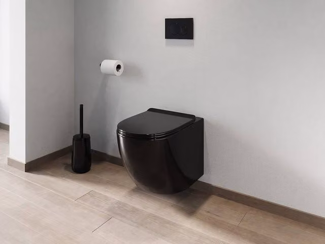 Vente-unique Javoine Rimless Gloss Black Ceramic Wall-Hung WC with Soft Close Seat W/D/H: 53.5 x 36.0 x 29.0 cm