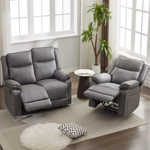 Furniture One Grey Fabric Manual Reclining Sofa Suite with 2-Seater, 3-Seater and Armchair