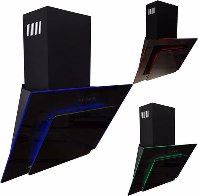 SIA AGE61BL Black Glass Angled Kitchen Cooker Hood Chimney Extractor Fan with Red, Blue and Green LED Edge Lit Mood Lighting, Width: 60 cm