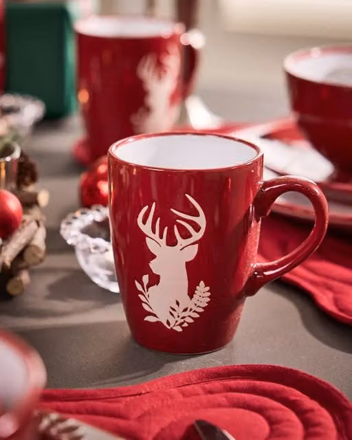 Dibor Set of 6 Red and White Reindeer Ceramic Mugs, 310ml per mug