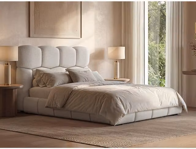 Solace+Co Irma Modern Upholstered Bed in White and Beige, W/D/H: 180 x 200 cm