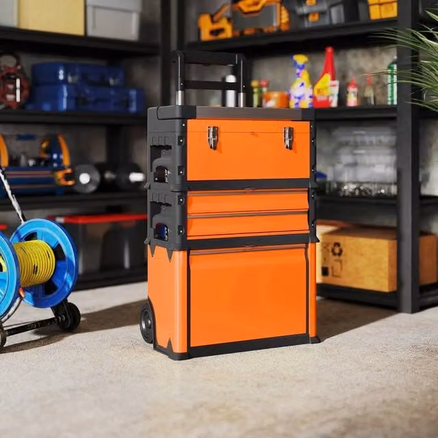 EONLION 3-Tier Stackable Steel Toolbox with Wheels, Orange, W: 100 cm, H: 200 cm, D: 100 cm