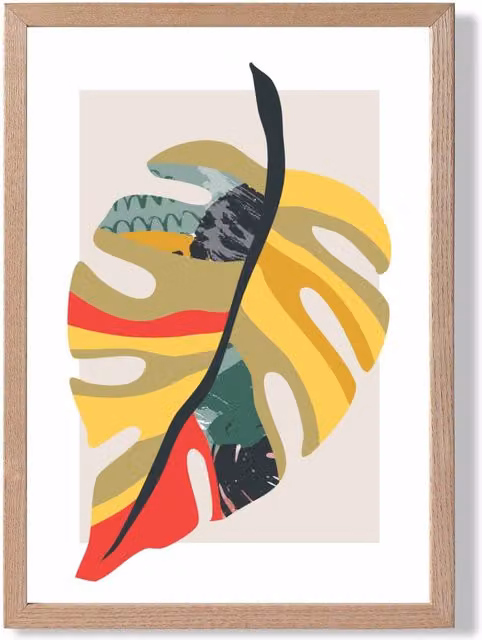 ARTZE Tropical Monstera Minimalist Framed Print in Green and Red with Oak Wood Frame