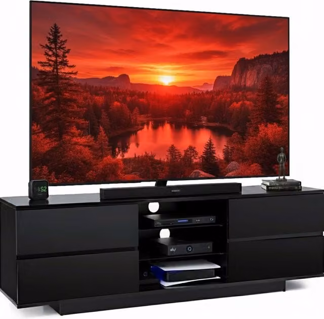 AVITUS Modern Black Glossy TV Cabinet with Glass for up to 65 inch TVs, W/D/H: 158 x 40 x 48 cm