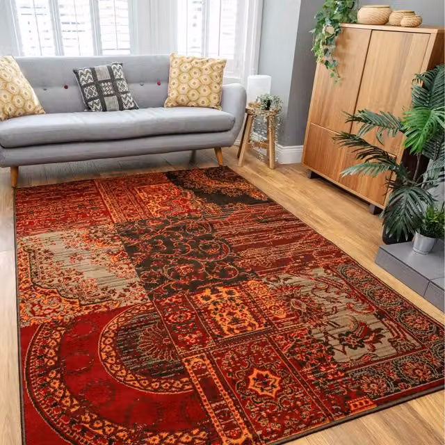 The Rug House Patchwork Oriental Living Room Rug in Red and Brown, W: 170 cm, D: 120 cm
