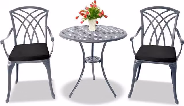 OSHOWA Grey Outdoor Bistro Set with Round Table and 2 Chairs featuring Black Weather-Resistant Cushions