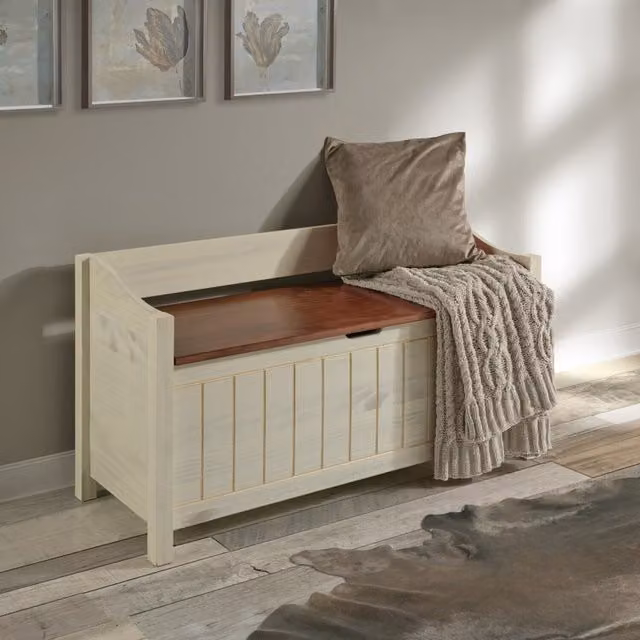 Mercers Furniture Rustic Pine Cottage Storage Bench in Black and White, W/D/H: 107 x 42 x 59 cm