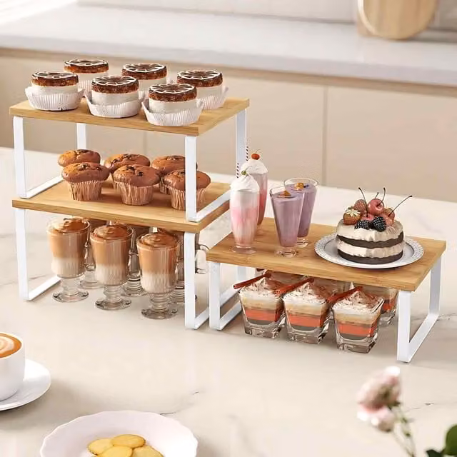 The Bazaarist Set of 3 Expandable Kitchen Storage Shelves in Cloud White and Natural Beige