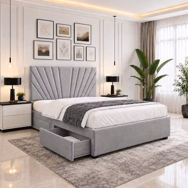 Velmora Luxury Upholstered Velvet Divan Bed with Tall Headboard, Mattress and Drawers, Silver, W/D/H: 90 x 190 x 35.56 cm