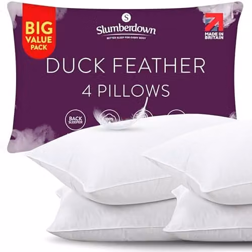 Slumberdown 4 Pack Medium Support Duck Feather Pillows in White, W: 74 cm, H: 48 cm