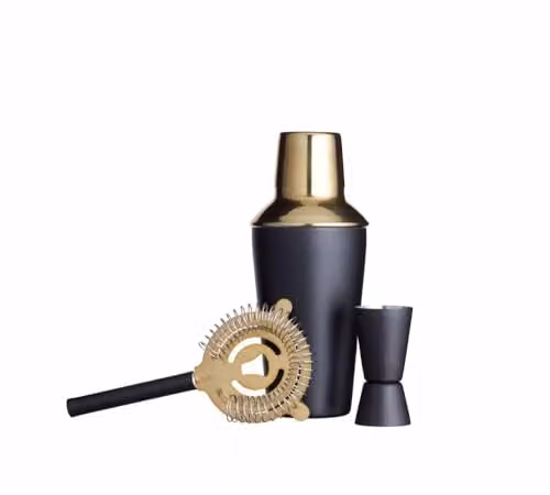 BarCraft 3-Piece Stainless Steel Cocktail Making Set in Black and Gold Finish