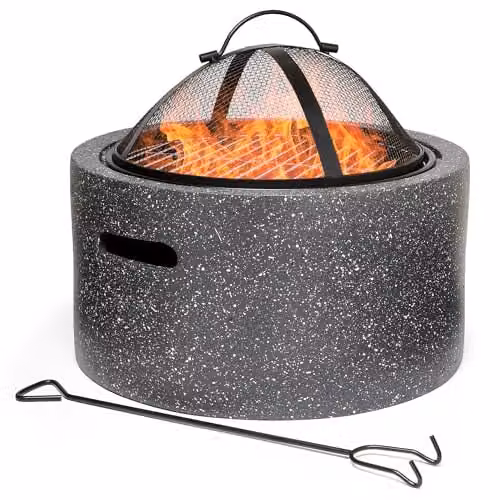 VonHaus 2-in-1 Fire Pit and BBQ Cooking Grill with Mesh Cover and Poker, Grey Stone Effect MgO Material