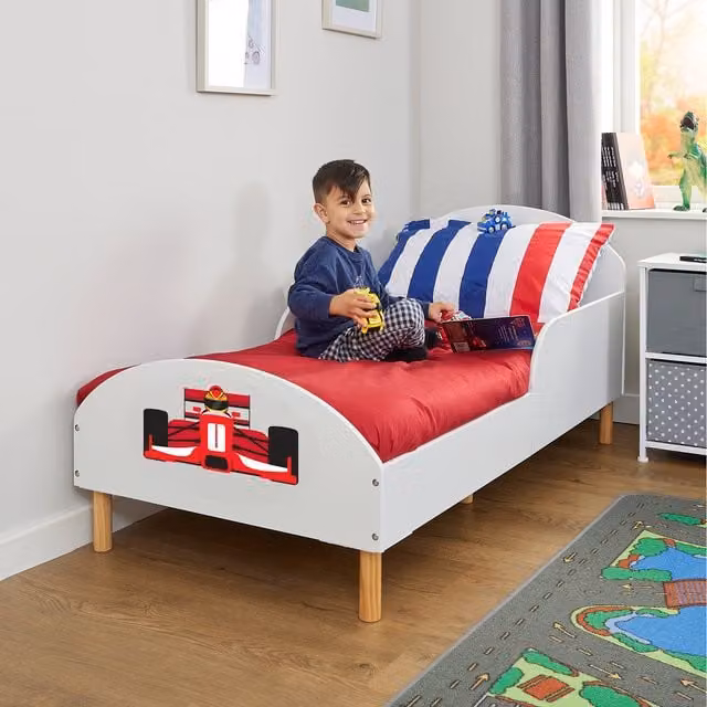 Liberty House Toys Formula 1 White Toddler Bed for Kids in Solid Pine Wood