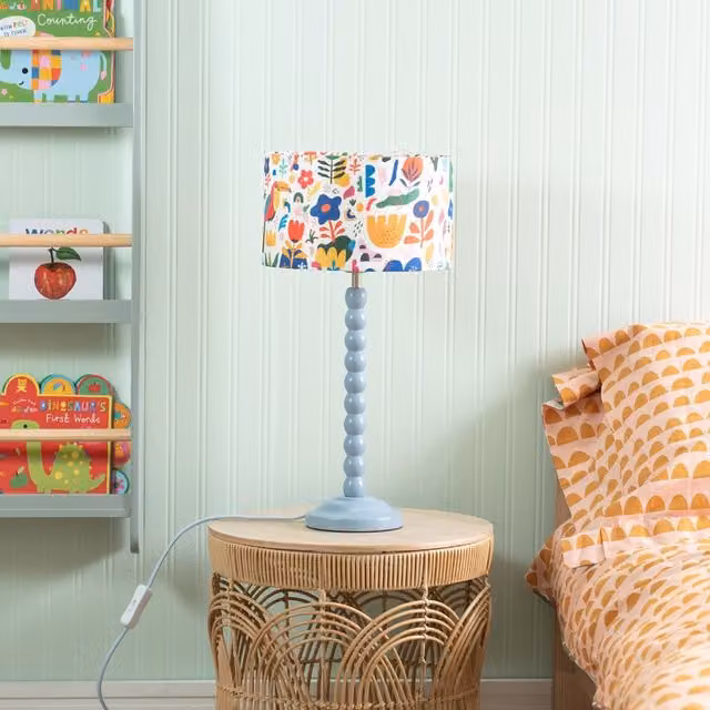 ValueLights Blue Bobbin Stem Table Lamp with Kids Drum Shade and LED Bulb in Powder Blue and Jungle