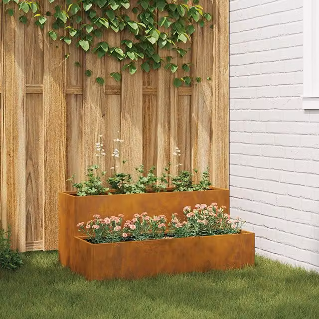 Berkfield Home 2-Tier Garden Planter Tub in Brown Weathering Steel, W: 100 cm, D: 60 cm, H: 45 cm