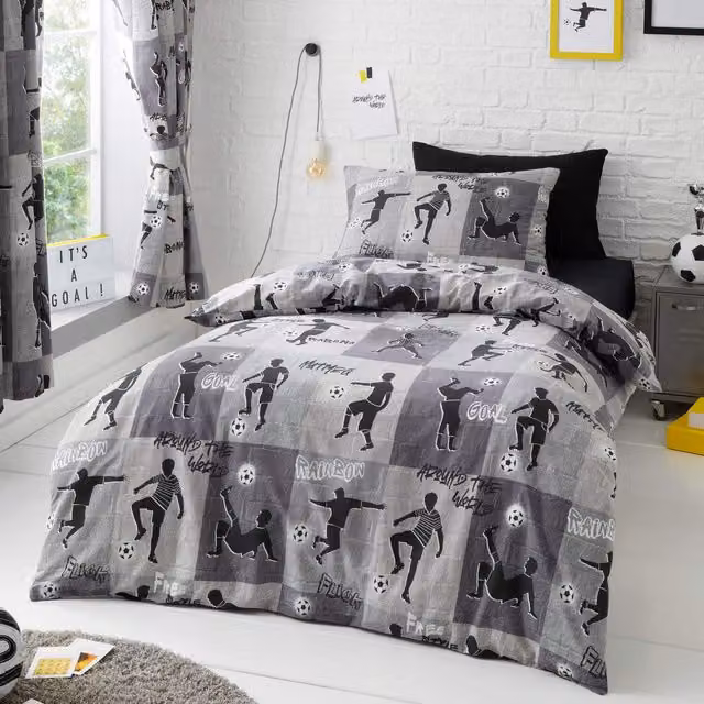 Happy Linen Company Freestyle Football Kids Reversible Duvet Cover and Pillowcase Set, Grey, Duvet Cover: 200 x 200 cm, Pillowcase: 50 x 75 cm
