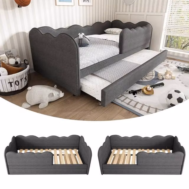 Rolipo Grey Linen Upholstered 3FT Single Daybed with Pull Out Trundle, W/D/H: 90 x 190 cm, Dark Grey