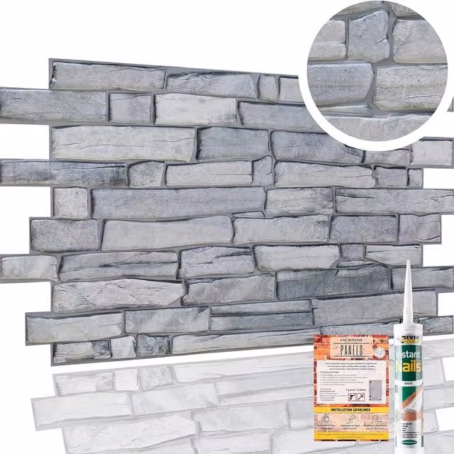 NOVECRAFTO Grey Stone Effect 3D PVC Wall Panels with Adhesive Included
