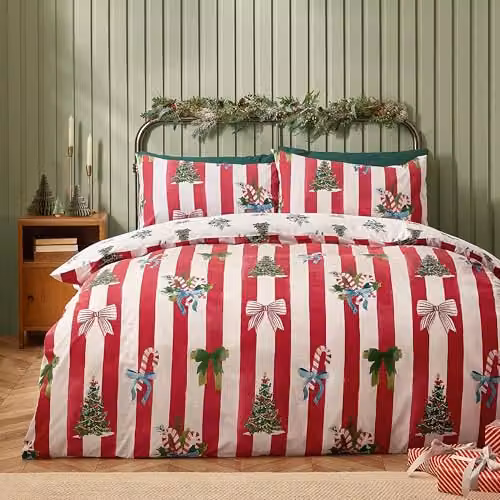 Catherine Lansfield Christmas Stripe Reversible Duvet Cover and Pillowcase Set in Red and White, 200 x 200 cm
