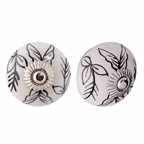 Nicola Spring Ceramic Cabinet Knobs with Black and White Floral Design, Pack of 24