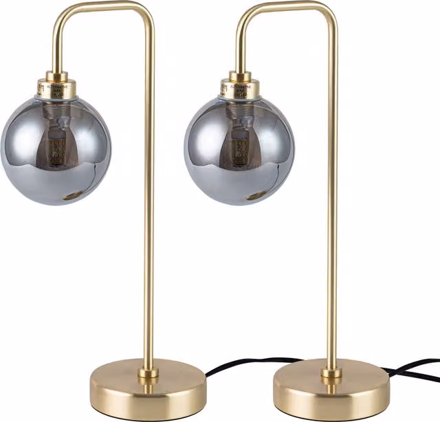 First Choice Lighting Set of 2 Toner Table Lamps with Satin Brass and Smoked Grey Glass