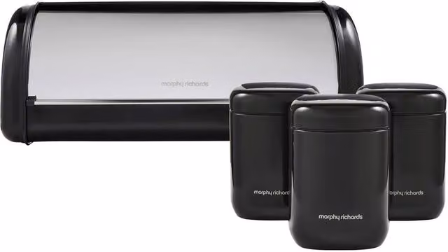 Morphy Richards Equip Black Stainless Steel Bread Bin and 3 Canister Set Kitchen Bundle