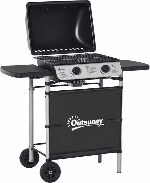 Rolipo 2 Burner Gas BBQ Trolley with Wheels, 5.6kW, Black and Silver