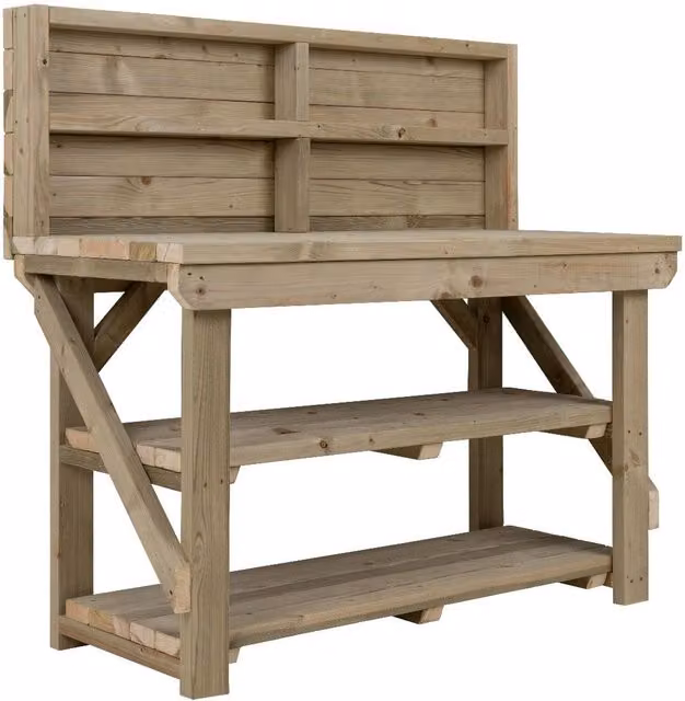 Arbor Garden Solutions Indoor Outdoor Wooden Workbench with Pegboard and Double Shelf, Multicolour Green and Brown, Width: 120 cm
